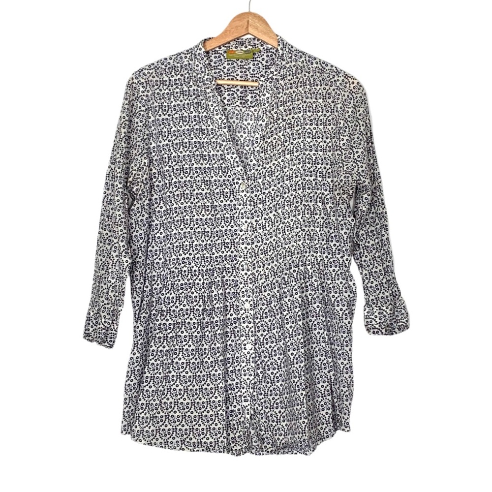 Rock Flower Paper Tunic Blouse Top Blue White Print Split V-Neckline Medium